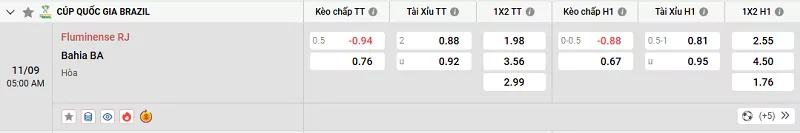 Tỷ lệ kèo trong trận đấu giữa Fluminense vs Bahia