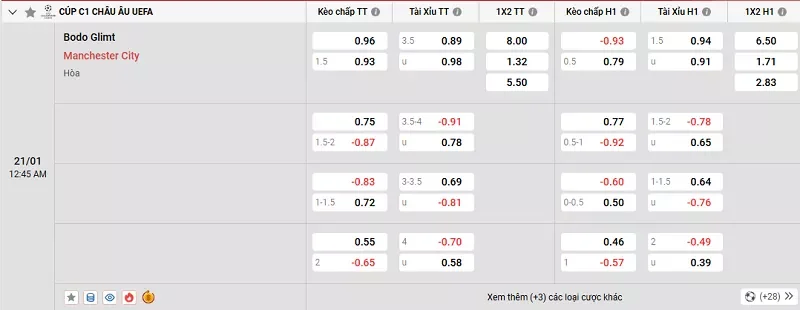 Tỷ lệ kèo trong trận đấu giữa Bodo Glimt vs Man City