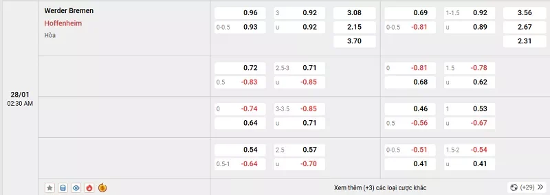 Tỷ lệ kèo trong trận đấu giữa Bremen vs Hoffenheim